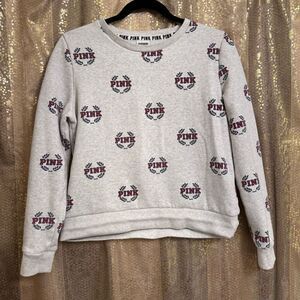 PINK‎ Victorias Secret Light Heather Gray Logo Crest Pullover Sweater Small